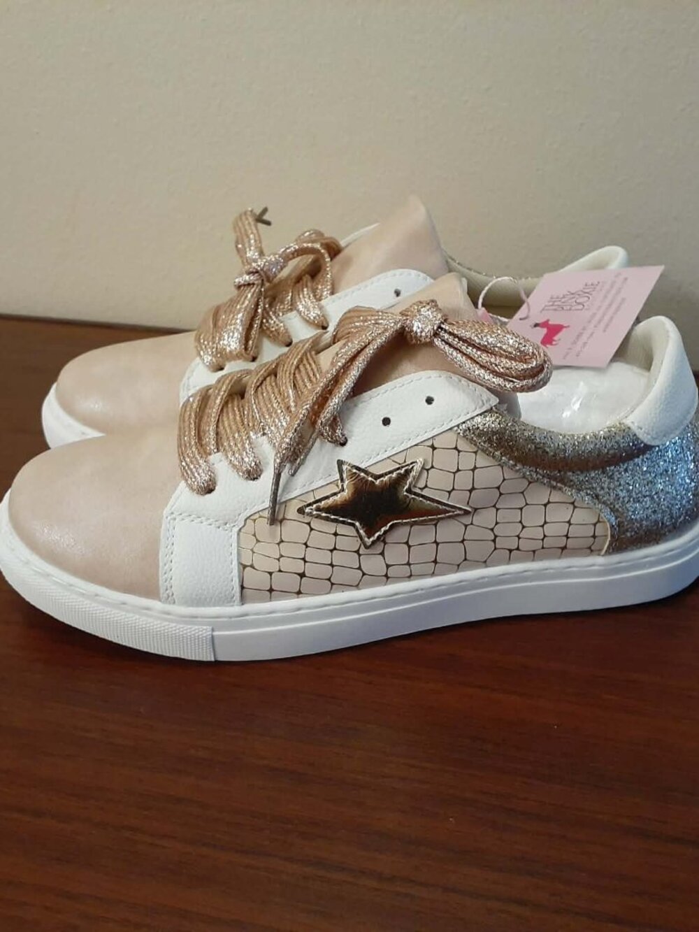 Gold Glitter Star Patchwork Leather Lace-Up Sneakers - Picture 13 of 16